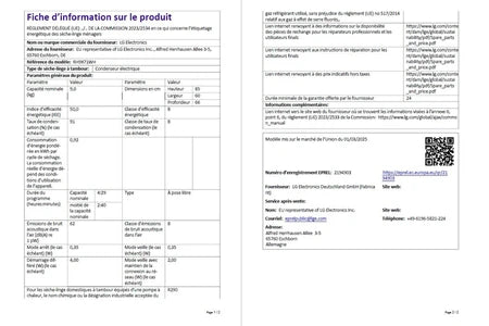 Sèche-linge pompe à chaleur Lg RH9X71WH Blanc